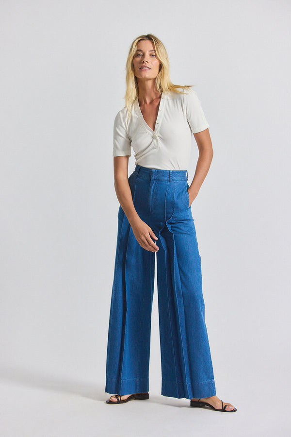 Derek Lam Katrina Chambray Wide Leg Pleated Trouser Keri Blue