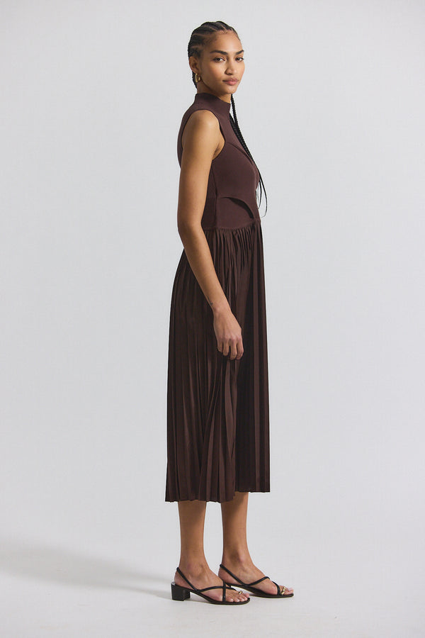 Derek Lam Maizie Mock Neck Sleeve Pleated Sweater Dress Chocolate