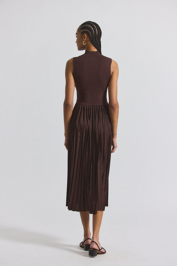 Derek Lam Maizie Mock Neck Sleeve Pleated Sweater Dress Chocolate