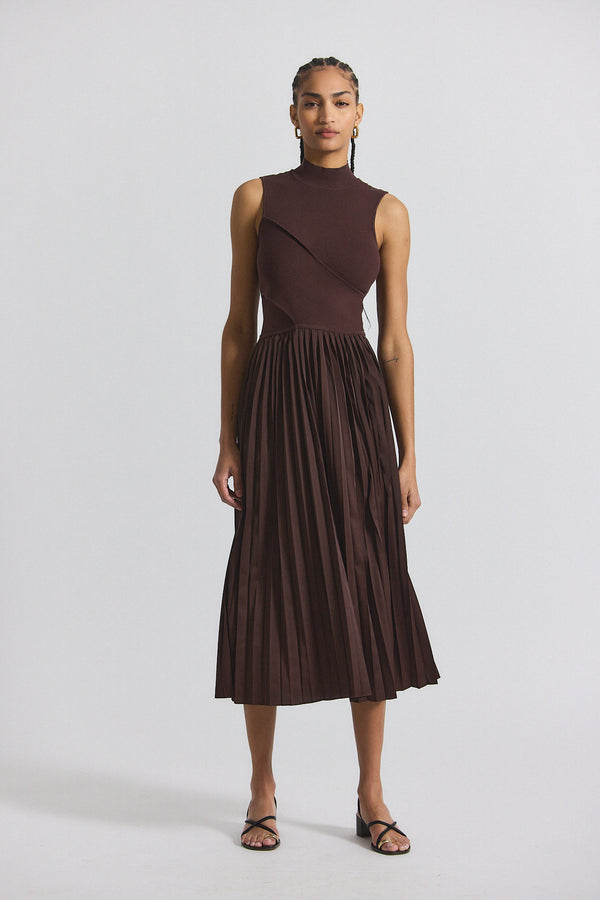 derek lam Maizie Mock Neck Sleeve Pleated Sweater Dress Chocolate