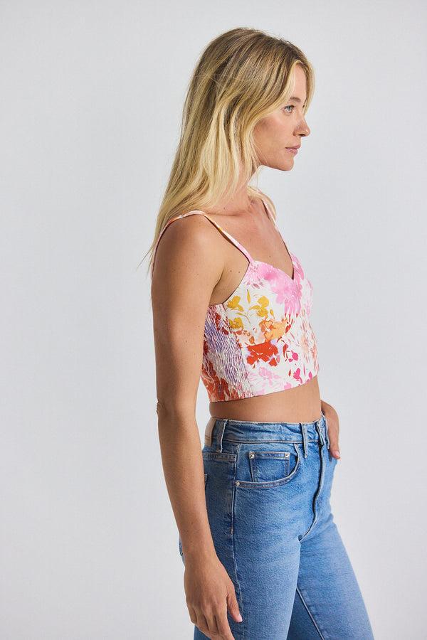 Derek Lam Margo Floral Printed Stretch Linen Bralette Rose Multi