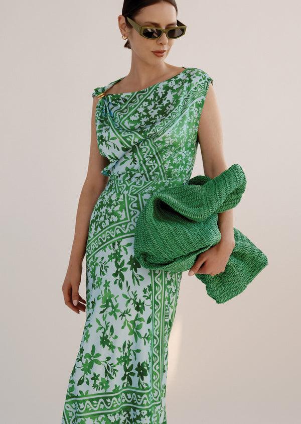 Derek Lam Maritza Watercolor Tile Print Asymmetric Dress With Embellishment Kelly Green Multi