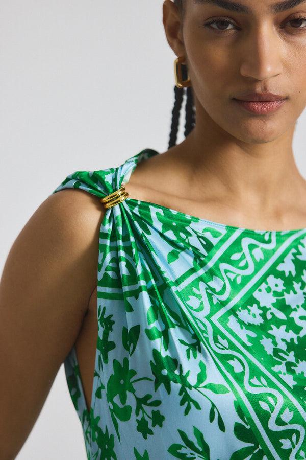Derek Lam Maritza Watercolor Tile Print Asymmetric Dress With Embellishment Kelly Green Multi