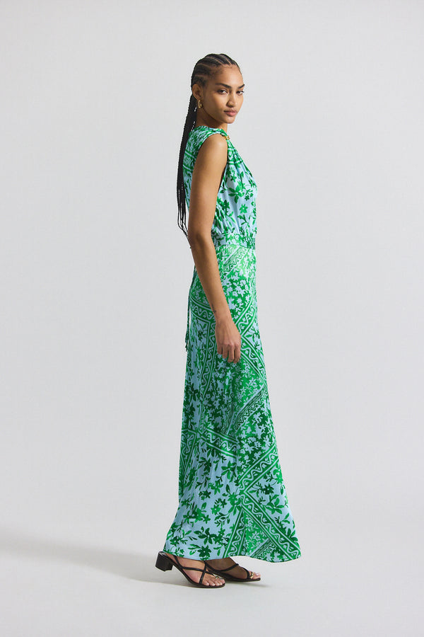 Derek Lam Maritza Watercolor Tile Print Asymmetric Dress With Embellishment Kelly Green Multi