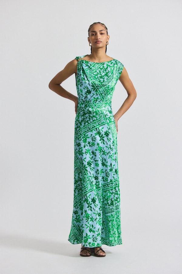 derek lam Maritza Watercolor Tile Print Asymmetric Dress with Embellishment Kelly Green Multi