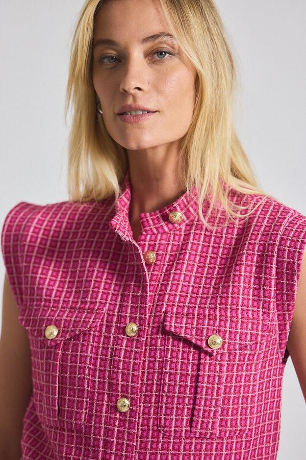 Derek Lam Namira Cotton Tweed Sleeveless Jacket Raspberry-White