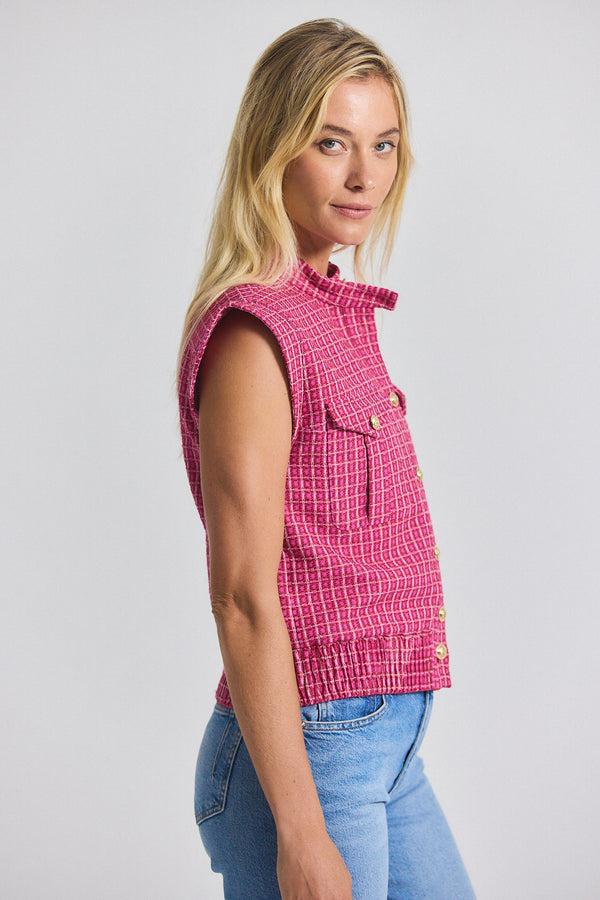 Derek Lam Namira Cotton Tweed Sleeveless Jacket Raspberry-White