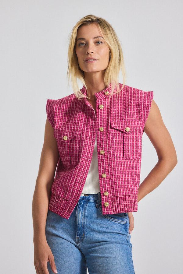 derek lam Namira Cotton Tweed Sleeveless Jacket Raspberry-White