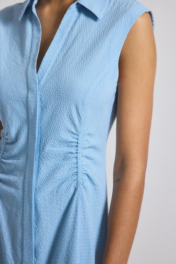 Derek Lam Nera Ruched Button Down Dress Dusk Blue-White