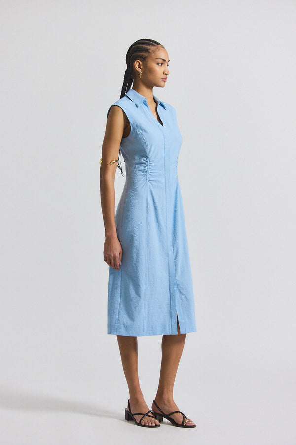 Derek Lam Nera Ruched Button Down Dress Dusk Blue-White