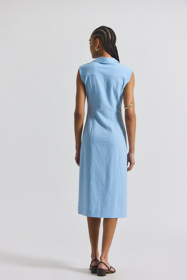 Derek Lam Nera Ruched Button Down Dress Dusk Blue-White