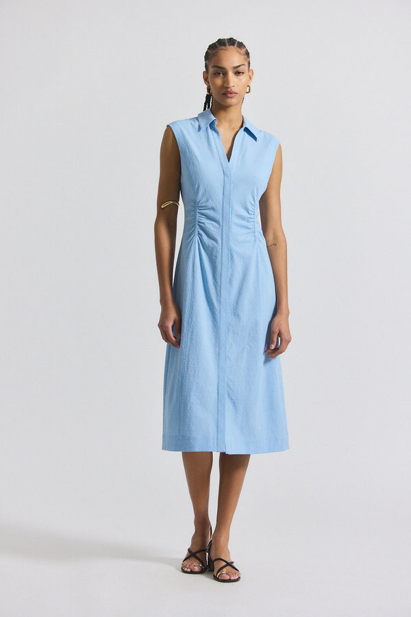 derek lam Nera Ruched Button Down Dress Dusk Blue-White