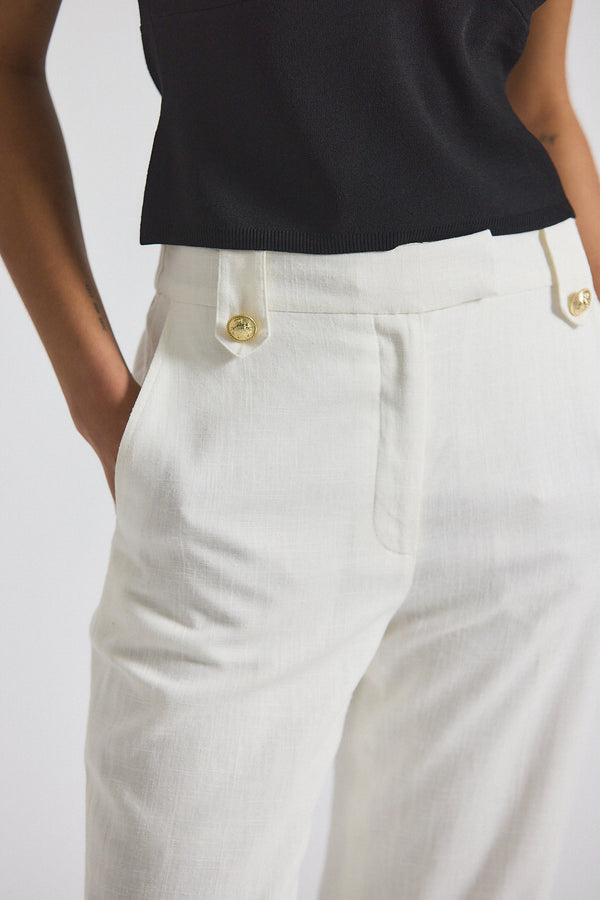 Derek Lam Nika Drapey Linen Pant With Gold Crest Buttons Blanc De Blanc