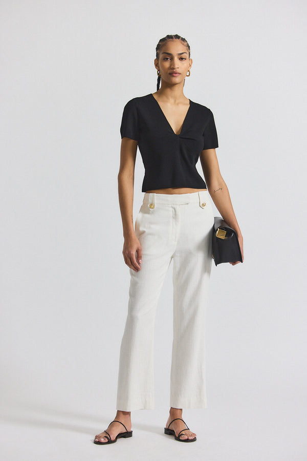 Derek Lam Nika Drapey Linen Pant With Gold Crest Buttons Blanc De Blanc