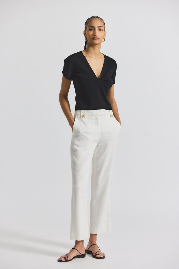 derek lam Nika Drapey Linen Pant With Gold Crest Buttons Blanc de Blanc