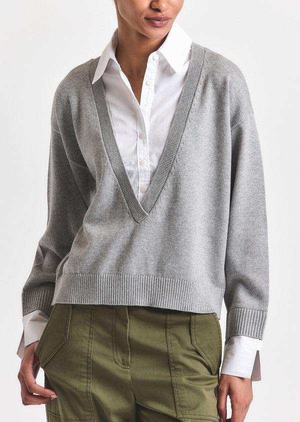 Derek Lam Rida Striped Mixed Media Sweater Grey Melange-White
