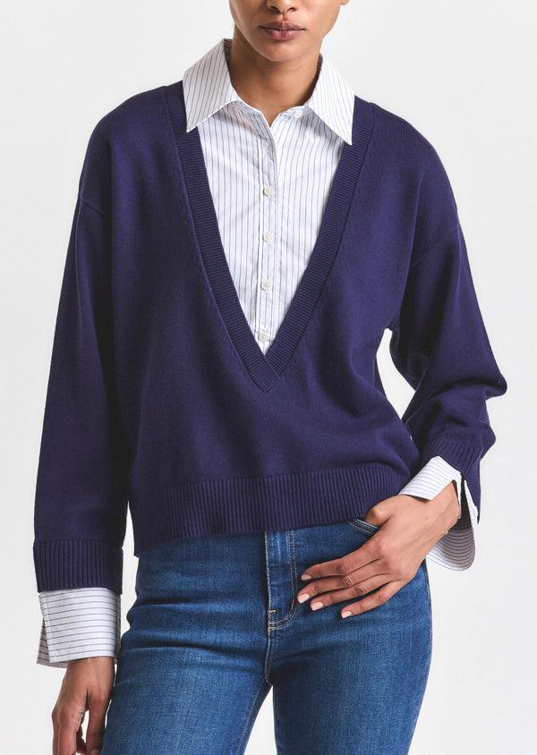 derek lam Rida Striped Mixed Media Sweater Navy-White