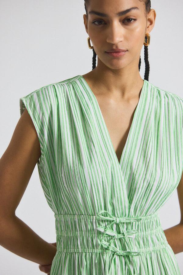 Derek Lam Tora Pintuck Stripe Shirting Dress Kelly Green-White