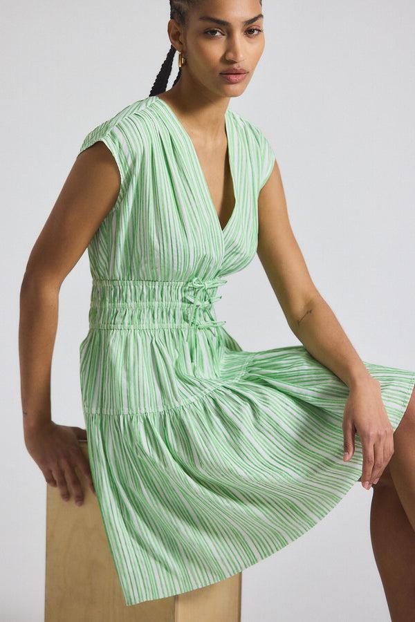 Derek Lam Tora Pintuck Stripe Shirting Dress Kelly Green-White