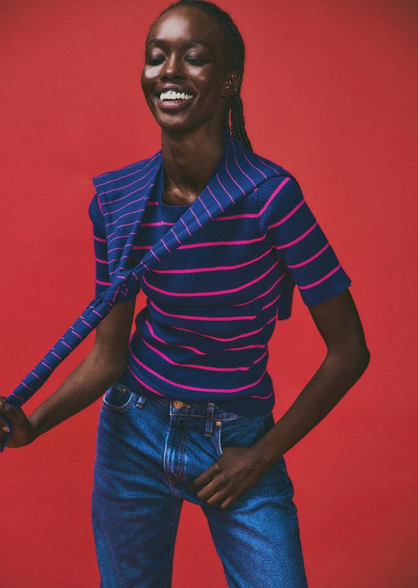 Derek Lam Twain Cotton Cashmere Short Sleeve Pre-Styled Sweater Navy-Raspberry