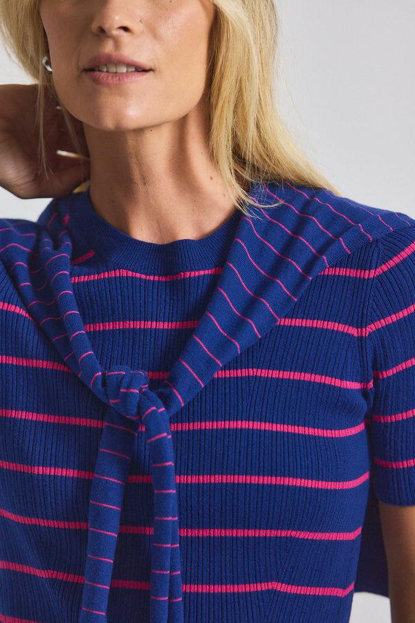 Derek Lam Twain Cotton Cashmere Short Sleeve Pre-Styled Sweater Navy-Raspberry