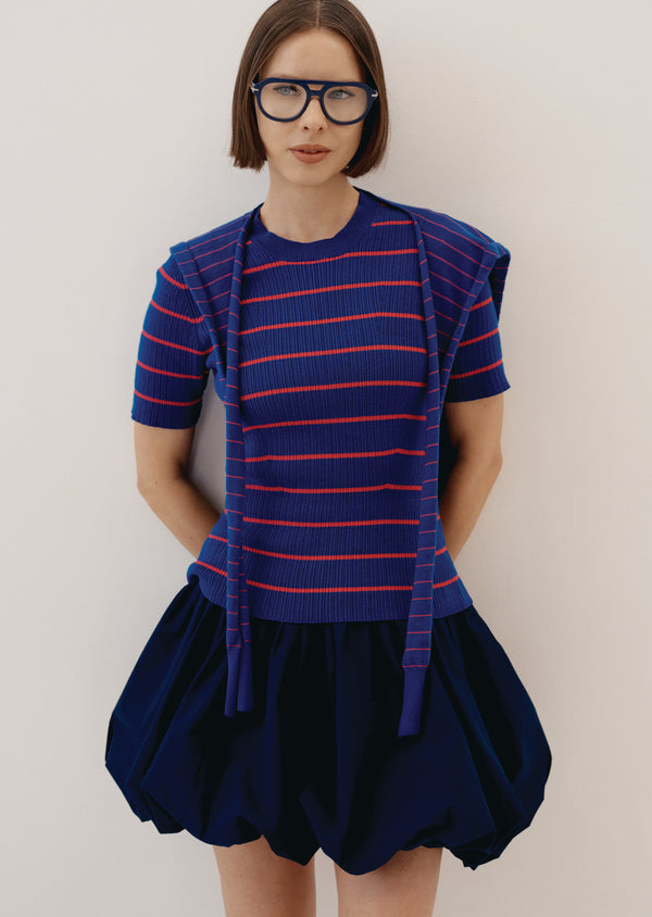 Derek Lam Twain Cotton Cashmere Short Sleeve Pre-Styled Sweater Navy-Raspberry