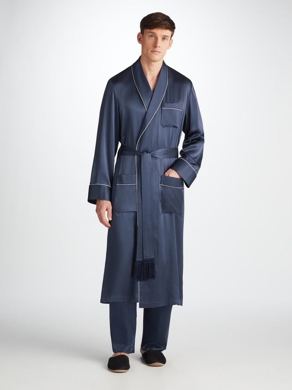 Derek Rose Men's Robe Bailey Silk Satin Navy Navy