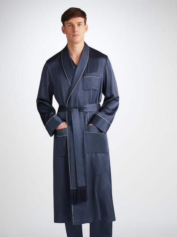 Derek Rose Men's Robe Bailey Silk Satin Navy Navy