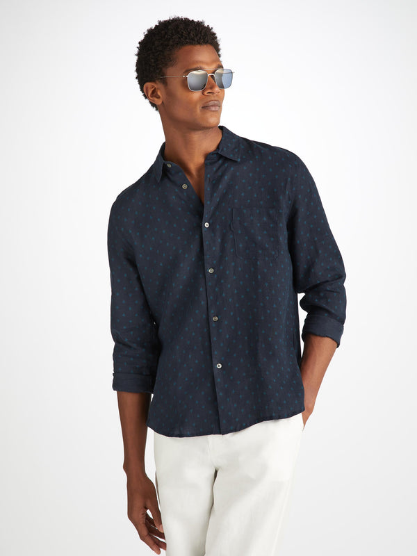 Derek Rose Men's Shirt Milan 25 Linen Navy Navy