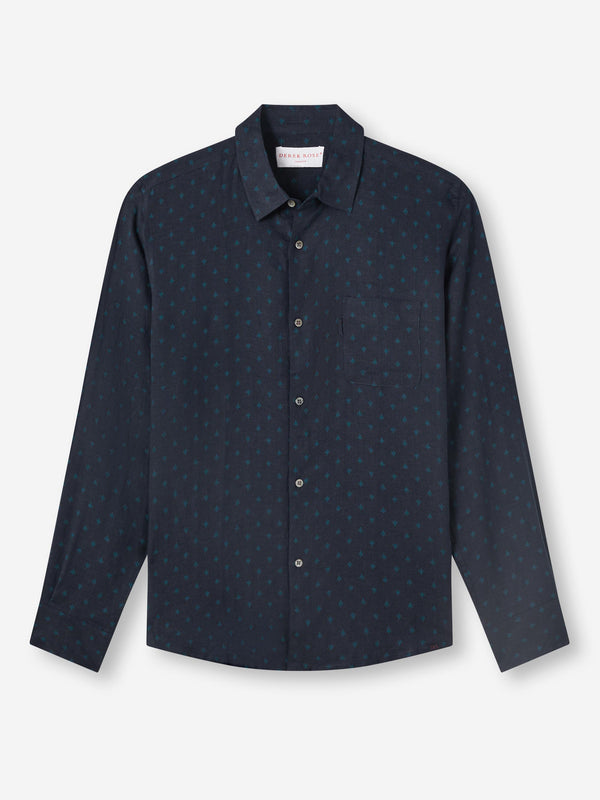 derek rose Men's Shirt Milan 25 Linen Navy Navy