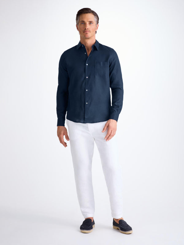 Derek Rose Men's Shirt Monaco 2 Linen Navy Navy