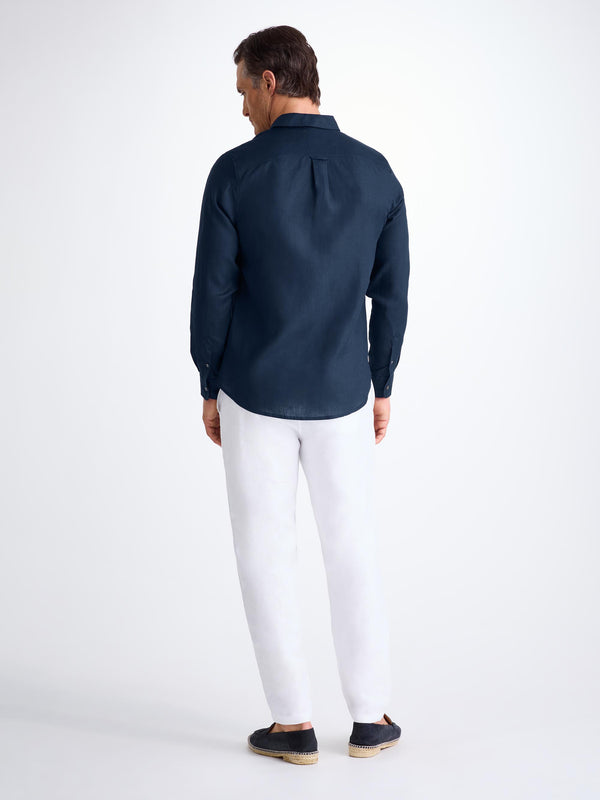 Derek Rose Men's Shirt Monaco 2 Linen Navy Navy