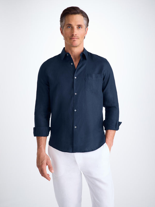 derek rose Men's Shirt Monaco 2 Linen Navy Navy