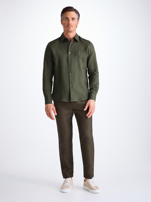 Derek Rose Men's Shirt Monaco Linen Khaki Khaki