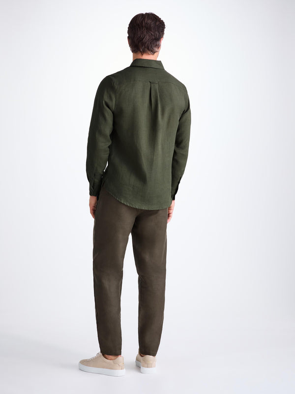 Derek Rose Men's Shirt Monaco Linen Khaki Khaki