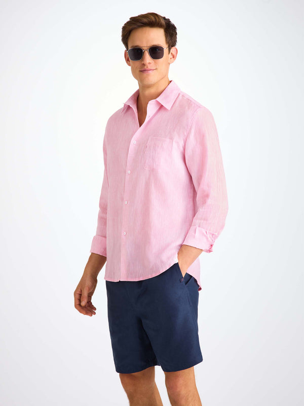 Derek Rose Men's Shirt Monaco Linen Pink Pink