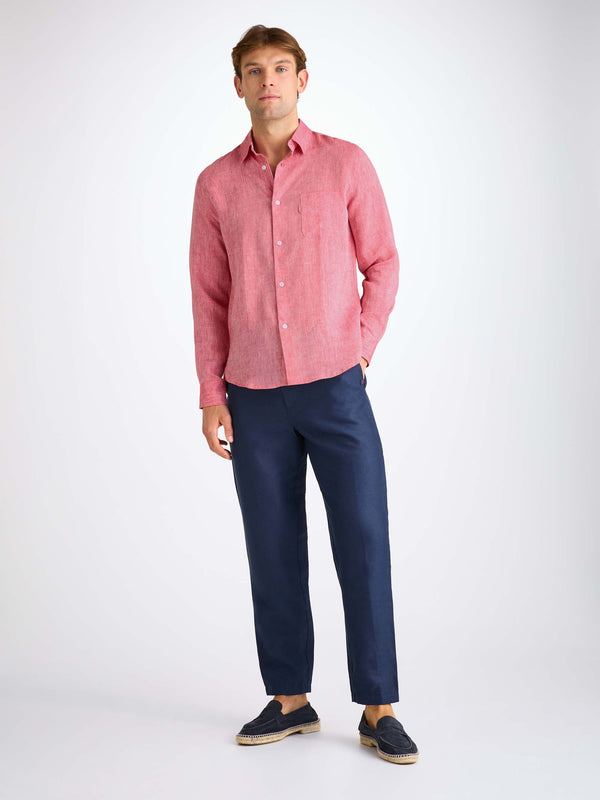 Derek Rose Men's Shirt Monaco Linen Red Red
