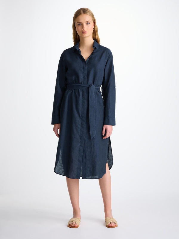 Derek Rose Women's Dress Sicily Linen Navy Navy