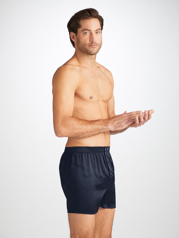Derek Rose Men's Classic Fit Boxers Bailey Silk Satin Navy Navy
