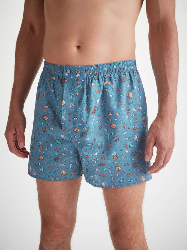 Derek Rose Men's Classic Fit Boxers Cotton Batiste Blue Sea Friends Print Mid Blue