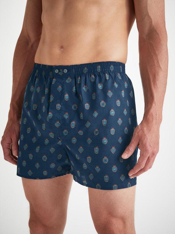 Derek Rose Men's Classic Fit Boxers Cotton Batiste Navy Badge Print Navy