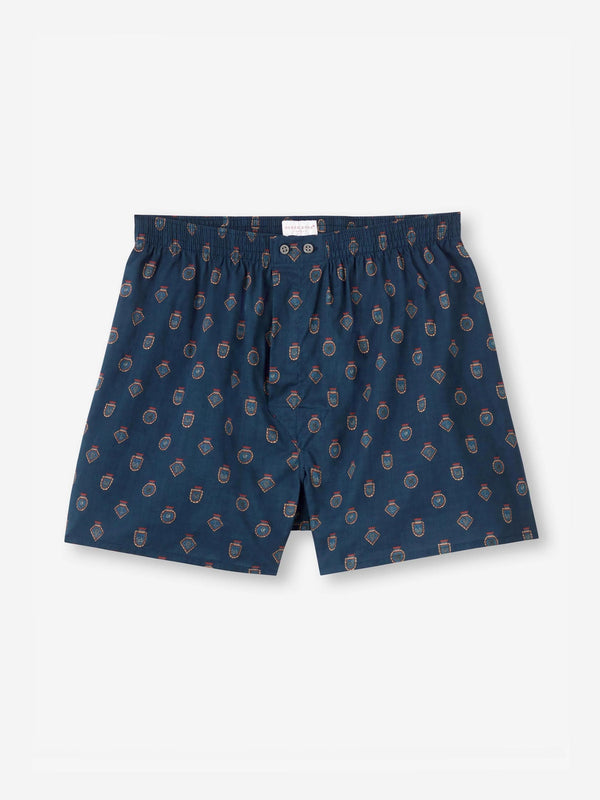 derek rose Men's Classic Fit Boxers Cotton Batiste Navy Badge Print Navy