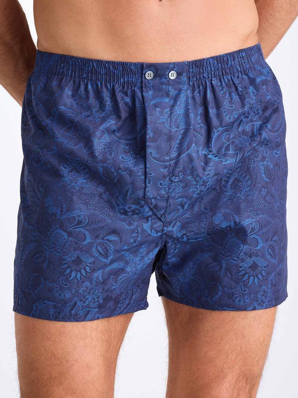 Derek Rose Men's Classic Fit Boxers Cotton Jacquard Navy Jungle Paisley Pattern Navy