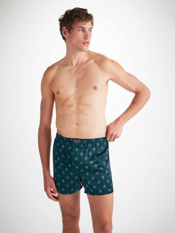 Derek Rose Men's Classic Fit Boxers Silk Satin Green Badge Print Dark Green