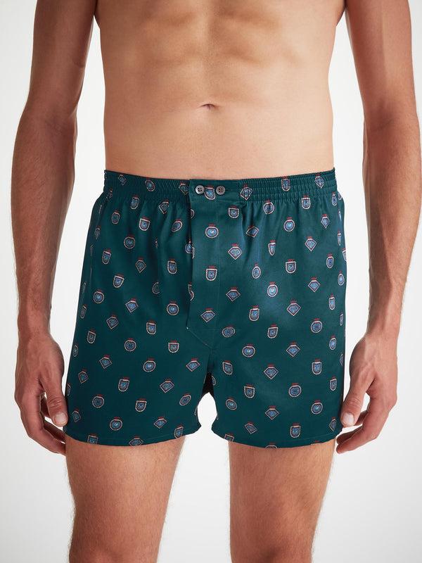 Derek Rose Men's Classic Fit Boxers Silk Satin Green Badge Print Dark Green