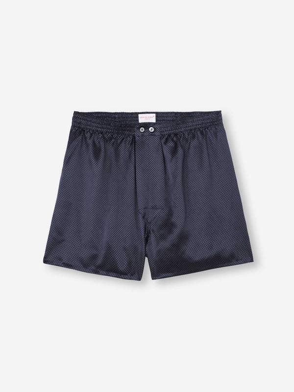 derek rose Men's Classic Fit Boxers Silk Satin Navy Micro Dot Print Navy