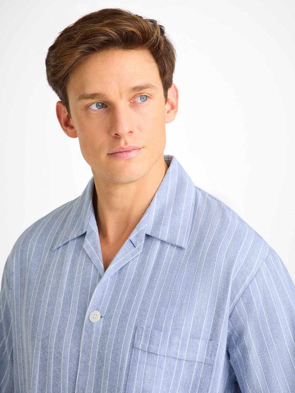 Derek Rose Men's Classic Fit Pajamas Arran 20 Brushed Cotton Blue Mid Blue