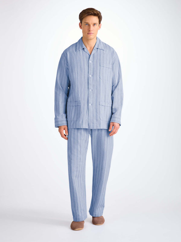 Derek Rose Men's Classic Fit Pajamas Arran 20 Brushed Cotton Blue Mid Blue