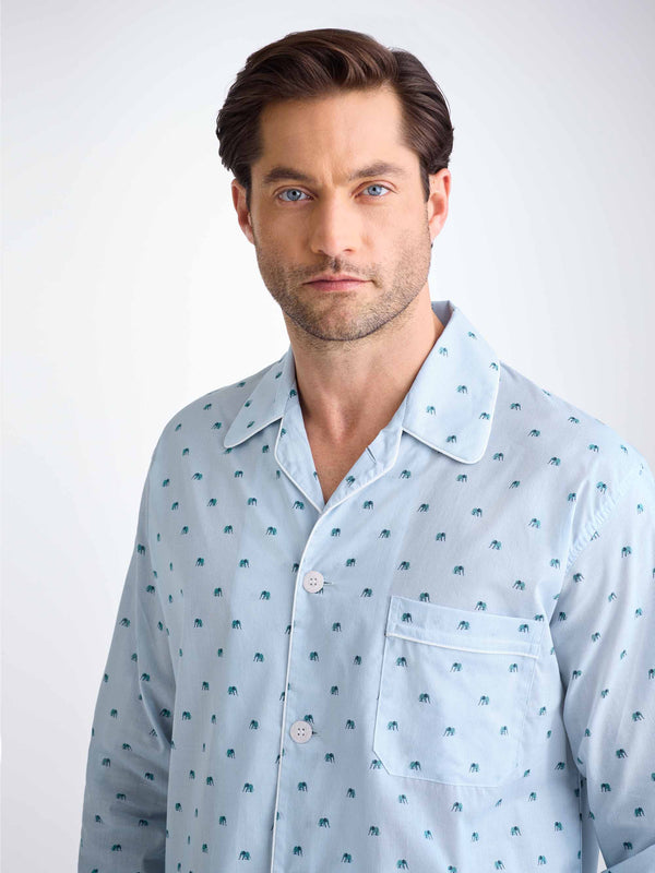 Derek Rose Men's Classic Fit Pajamas Cotton Batiste Blue Elephant Print Blue