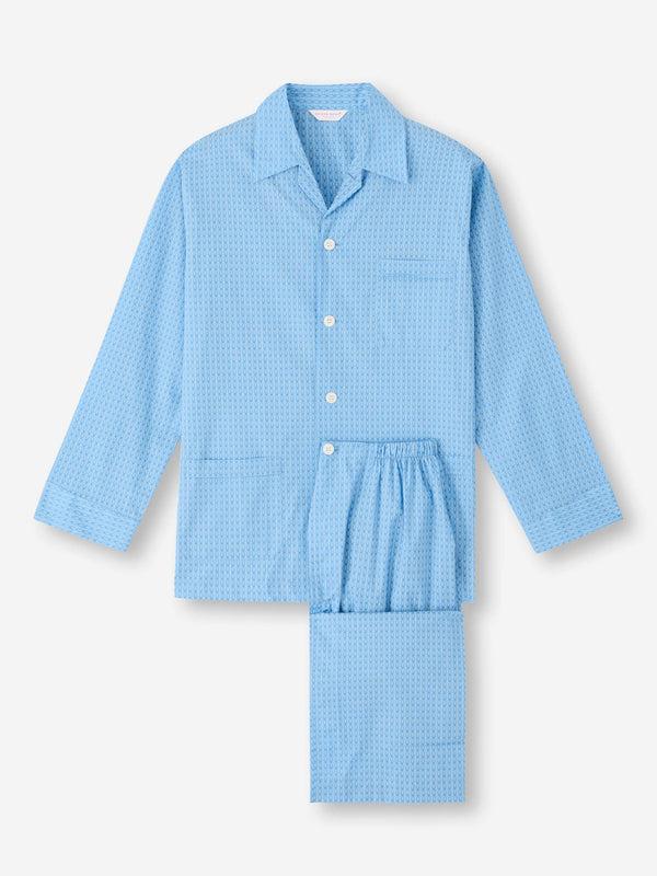 derek rose Men's Classic Fit Pajamas Cotton Batiste Blue Jungle Leaf Print Light Blue